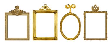 Beyaz arkaplanda izole edilmiş resimler, aynalar veya fotoğraf için altın çerçeveler