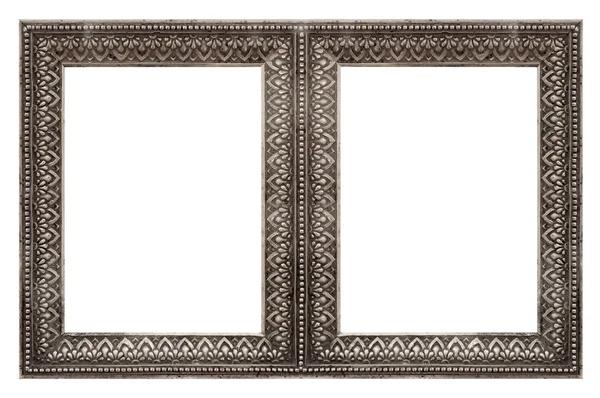 Double Silver Frame Diptych Paintings Mirrors Photos Isolated White Background — Stock Photo, Image