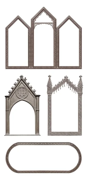 Set Silver Gothic Frames Paintings Mirrors Photo Isolated White Background — 图库照片