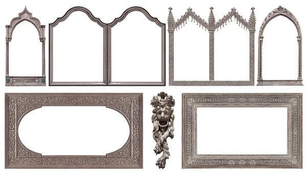 Set Van Zilveren Gotische Lijsten Voor Schilderijen Spiegels Foto Geïsoleerd — Stockfoto