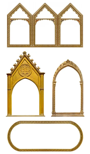 Sada Zlatých Gotických Rámů Pro Malby Zrcadla Nebo Fotografie Izolované — Stock fotografie
