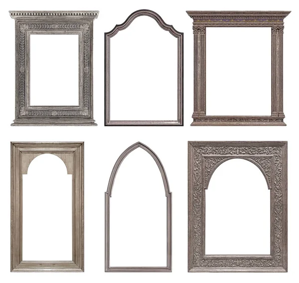 Set Silver Gothic Frames Paintings Mirrors Photo Isolated White Background — Stockfoto