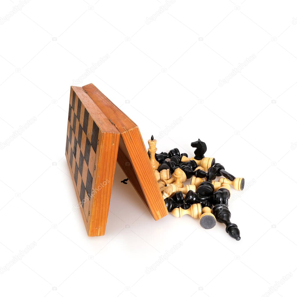 Chess on a wooden board isolated on a white background