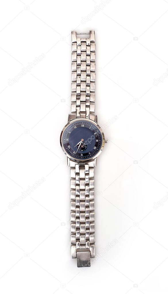 Wristwatch on a metal strap isolated on a white background