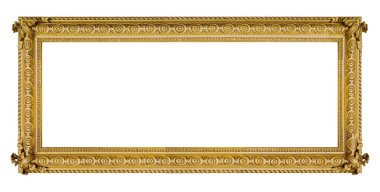 Beyaz arka planda izole edilmiş resimler, aynalar veya fotoğraf için panoramik altın çerçeve. Kırpma yolu ile tasarım ögesi