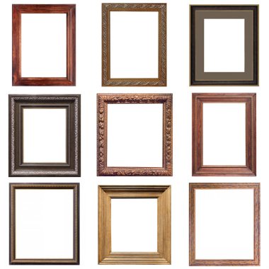Beyaz arkaplanda izole edilmiş resimler, aynalar veya fotoğraf için ahşap çerçeveler.