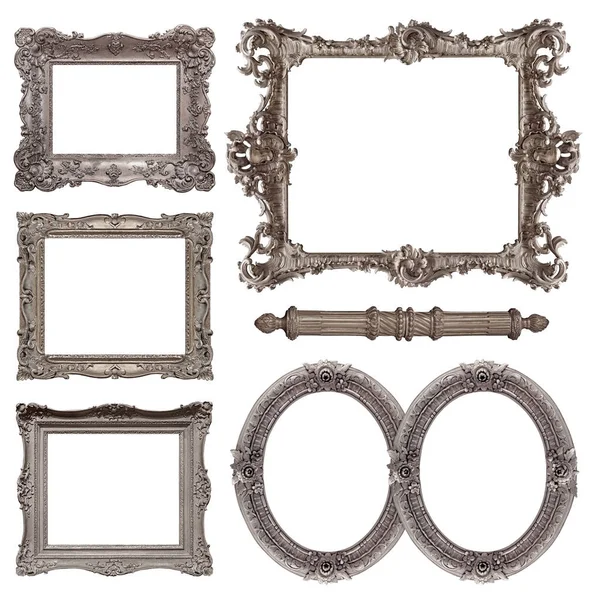 Conjunto Molduras Prata Para Pinturas Espelhos Fotos Isoladas Sobre Fundo — Fotografia de Stock