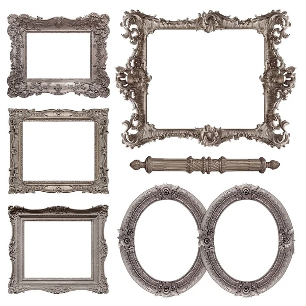 Set Silver Frames Paintings Mirrors Photo Isolated White Background — Stock Photo, Image