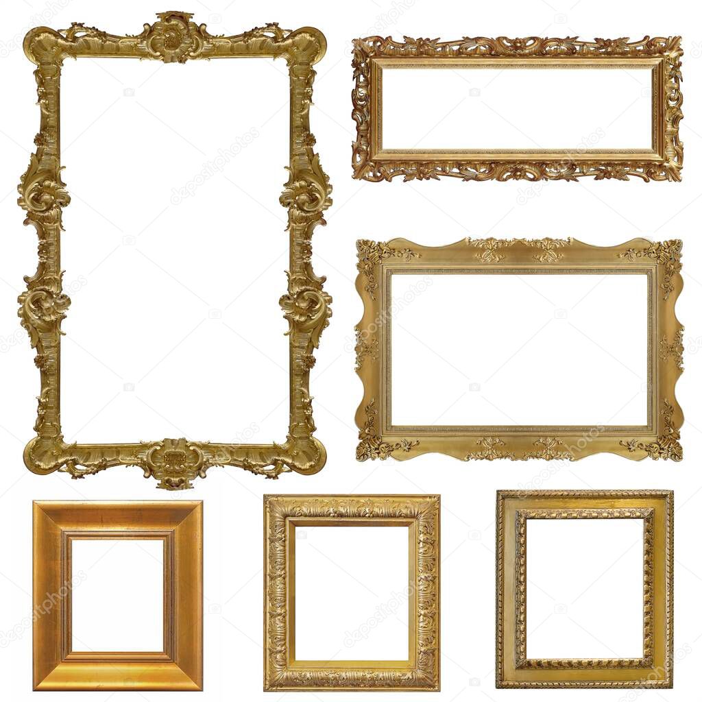 Set of golden frames for paintings, mirrors or photo isolated on white background