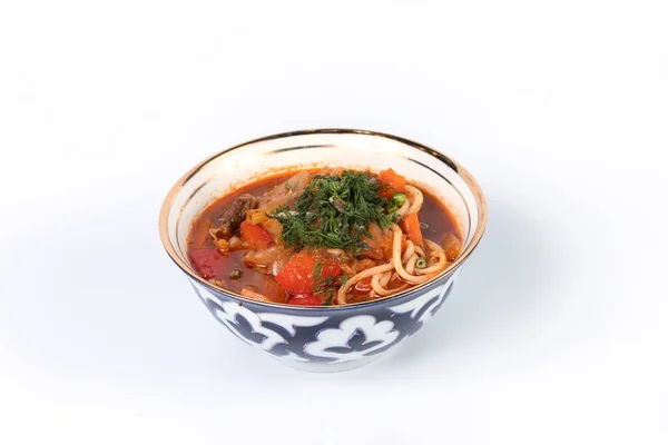 Noodle soup with meat on a white plate for menu and web — Stock Photo, Image