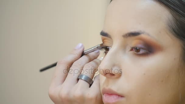 Make-up. Frauen schminken sich in Nahaufnahme. Eyeliner. Kosmetische Lidschatten. Augenbürste für Make-up. Schönheit Mädchen mit perfekter Haut. Wimpern. Braune Augen. Überarbeitung — Stockvideo