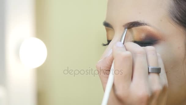 Estilista hace maquillaje de ojos profesional. Hermosa modelo . — Vídeo de stock