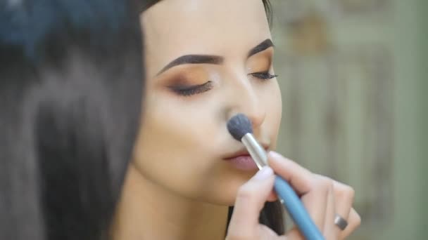 Stylist faz maquiagem profissional dos olhos. Modelo bonito . — Vídeo de Stock