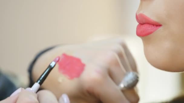 Makeup.Professional make-up. Lipgloss. κραγιόν — Αρχείο Βίντεο