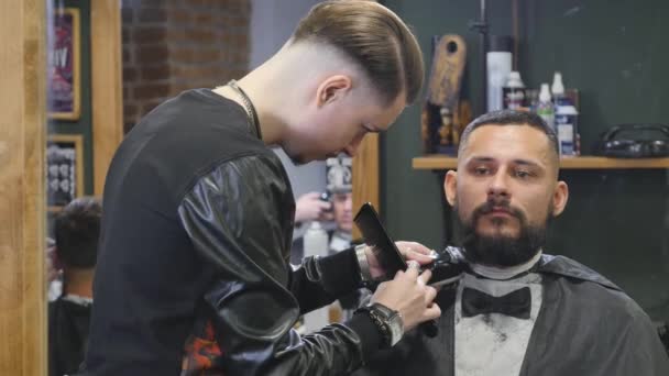 Close-up knappe jonge bebaarde man krijgen baard verzorgen in moderne kapsalon. — Stockvideo