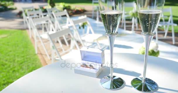 Anneaux de mariage et verres de champagne . — Video