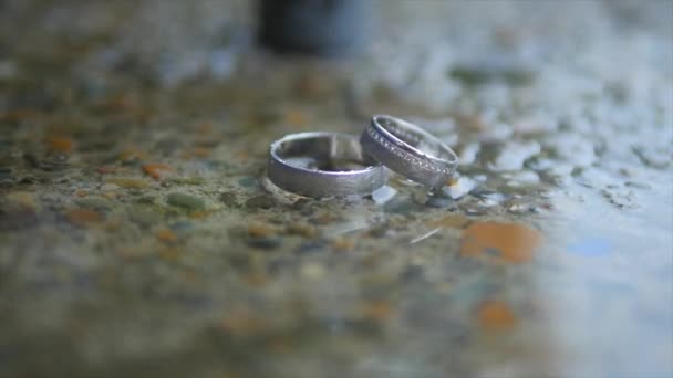 Anéis de casamento silwer na chuva — Vídeo de Stock