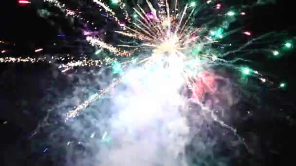 Gyönyörű többszínű tűzijáték sötét háttér — Stock videók
