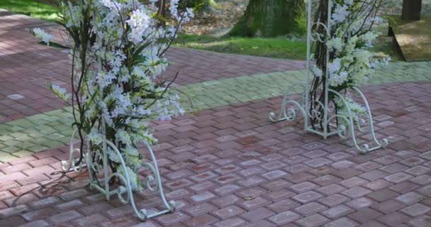 Ceremonia de decoración de la boda Araña en el arco de flores — Vídeos de Stock