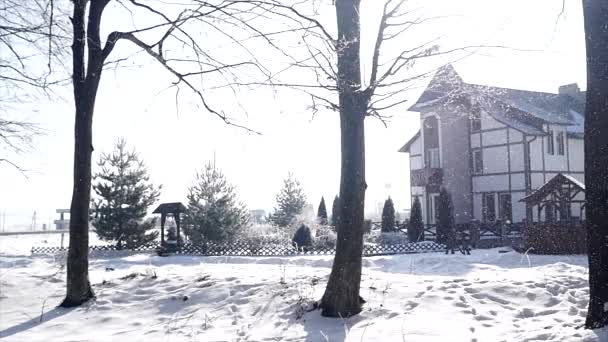Neve cair em torno de uma bela aldeia durante o inverno — Vídeo de Stock