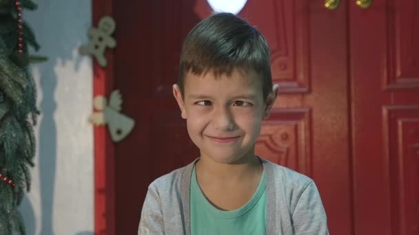 Een kleine jongen lachen- en hamming op camera — Stockvideo