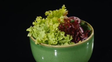 Siyah zemin üzerine yeşil bir tabak taze yeşil salata