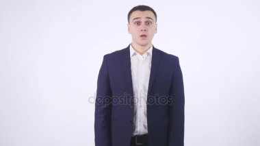 Şok, üzgün adam reaksiyon, beyaz arka plan