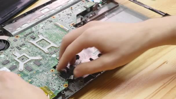 El ingeniero repara el ordenador portátil, la computadora y la placa base. Instala el equipo cpu — Vídeos de Stock