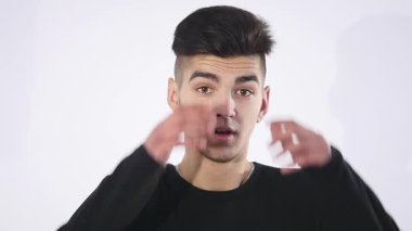 expressieve blij verraste de mens, geïsoleerd op wit