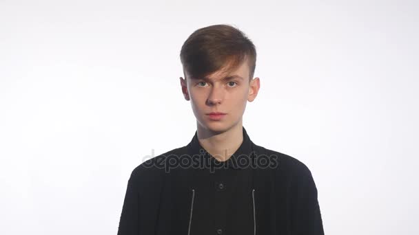 Business, success and people concept - Young business man hearing something over white background — Stock Video