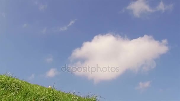 Ciel bleu avec nuages blancs et colline avec herbe verte — Video