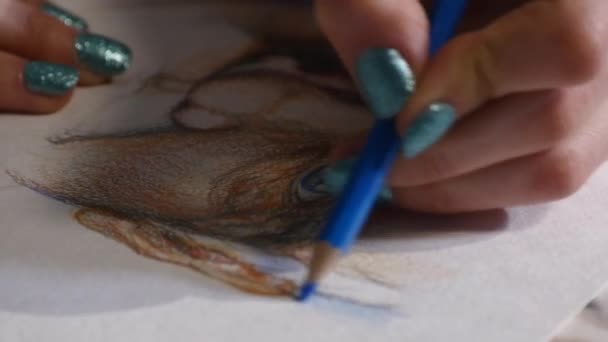 La fille dessine un croquis au crayon sur papier. Gros plan — Video