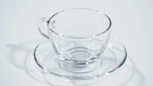 Teeblätter fallen in gläserne transparente Tasse. Zeitlupe — Stockvideo