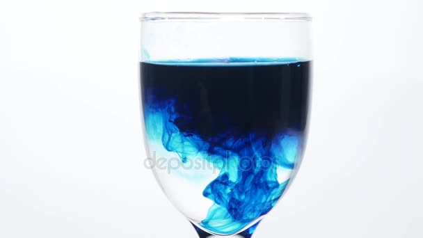 Blauwe inkt te laten vallen in een glas water op een witte achtergrond. Het gif in het concept van glas. — Stockvideo