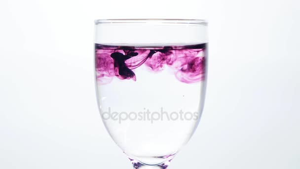 Color Ink flowing in glass of water on white background — Stock Video