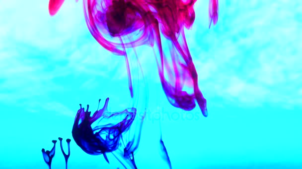 Ink in water. Colour ink reacting in water creating abstract cloud formations — Stock Video