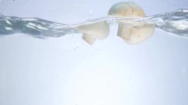 Su içine mantar düşmek. Küçük mantar yavaş yavaş su ve hava kabarcıkları sıçramalarına oluşturma suya düşüyor