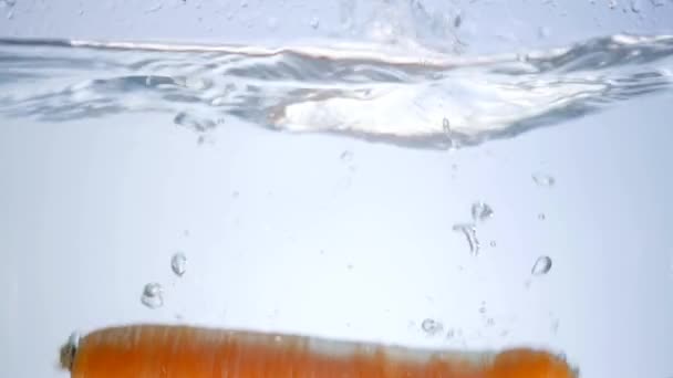 Carota nella spruzzata d'acqua su sfondo bianco — Video Stock