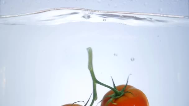 Las verduras mezcladas se mezclan en el agua. Pimienta, tomate, pepino y rábano — Vídeos de Stock