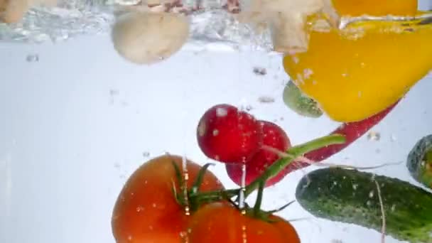 Las verduras mezcladas se mezclan en el agua. Pimienta, tomate, pepino y rábano — Vídeos de Stock