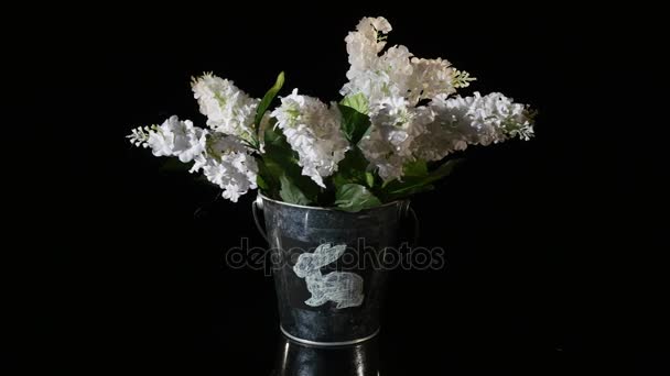 Lilac in a white vase rotate on a black background — Stock Video