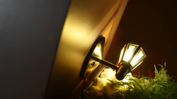 Retro venkovní lampa na kamenné zdi domů zblízka — Stock video