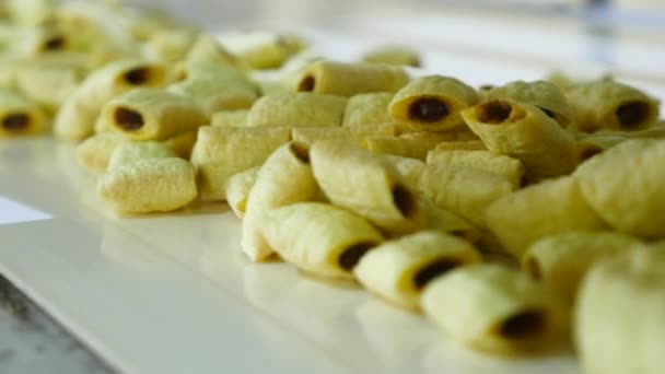 Linha de produção de cookies em uma fábrica de alimentos — Vídeo de Stock