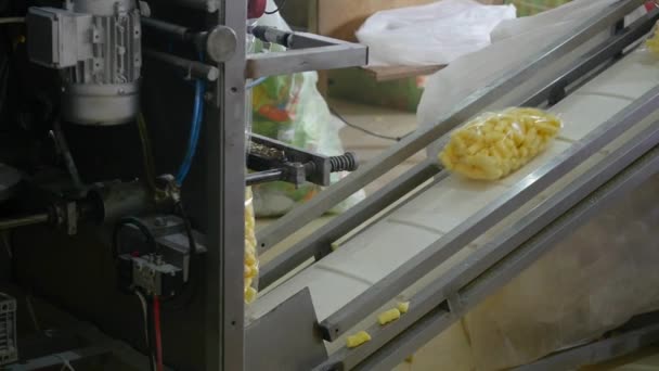 在车间的食物制造厂过程中铝箔包装厂工人自动生产线工业设备制造线食品工业的甜食品包装糖果包装机 — 图库视频影像