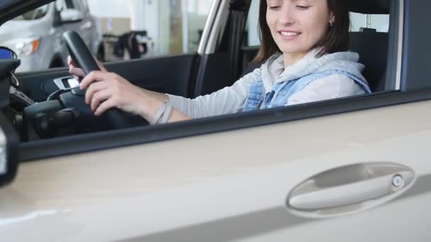 Jolie femme assise en voiture et à l'écoute du vendeur dans le centre automobile. timelapse — Video