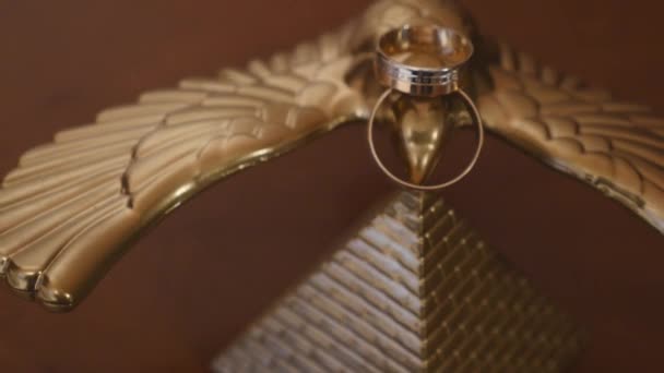 Gold wedding rings put over a support in the form of an eagle — Stock Video