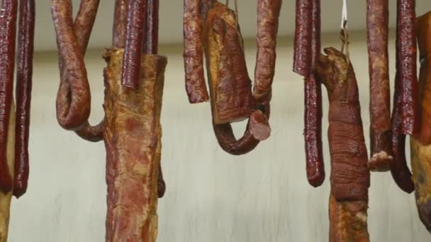 Différentes saucisses traditionnelles italiennes et jambon sur le morceau de bois — Video