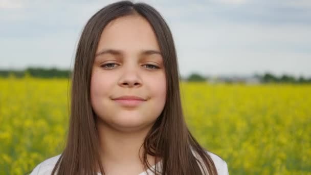 Niña feliz jugando entre burbujas de jabón en el prado verde en verano — Vídeo de stock