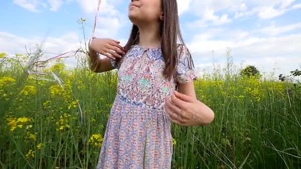 Petite fille dans une robe courant à travers le champ de blé jaune avec des ballons à la main. au ralenti — Video