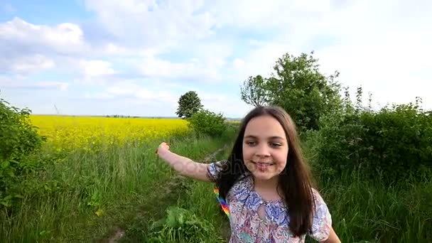 A child runs through a meadow with a kite — Stock Video
